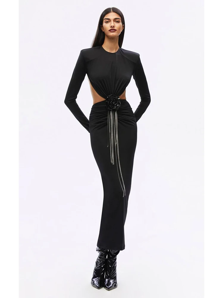 

Sexy O Neck Long Sleeve Flower Tassel Diamond Chain Dress Women Black Backless Flowered Bodycon Long Dress Elegant Party Club