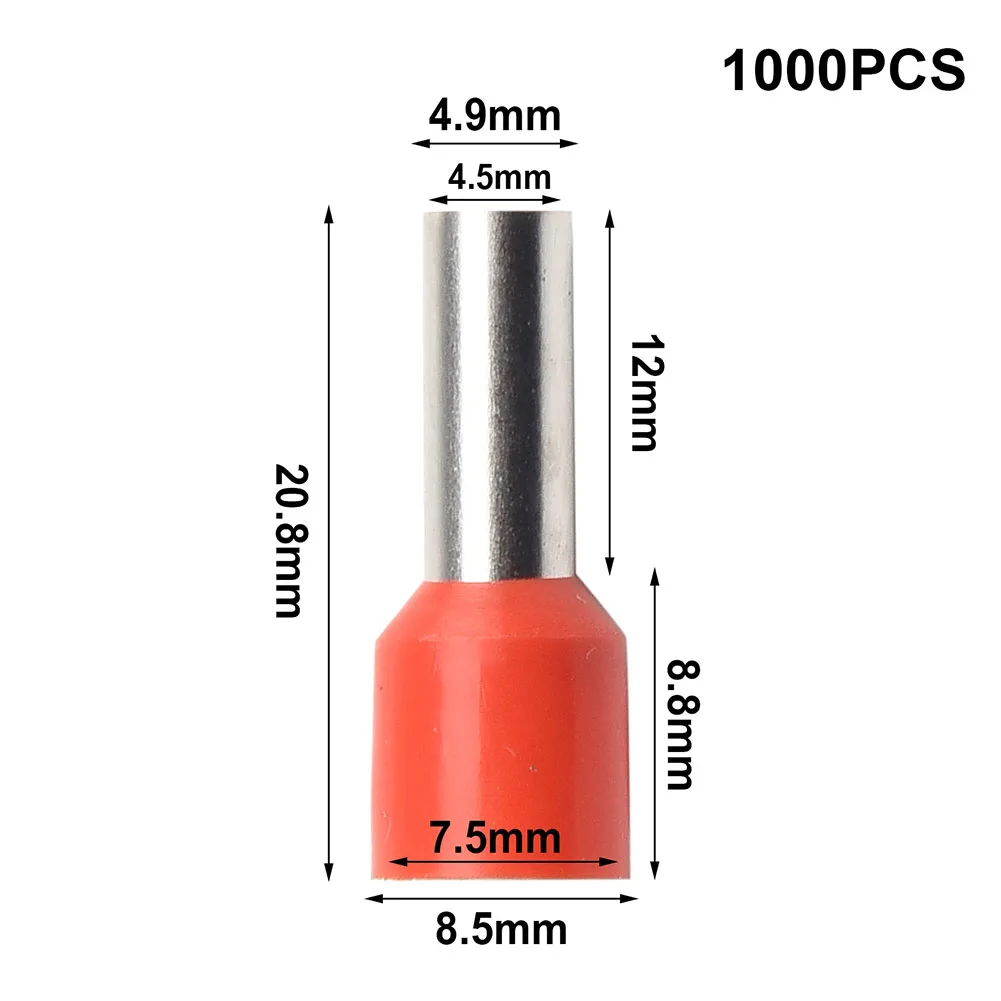1000pcs Wire End Ferrules Red 10 mm2 Wire Cross Section 12 mm Sleeve Length Insulated Wire Sleeves for Electrical Projects