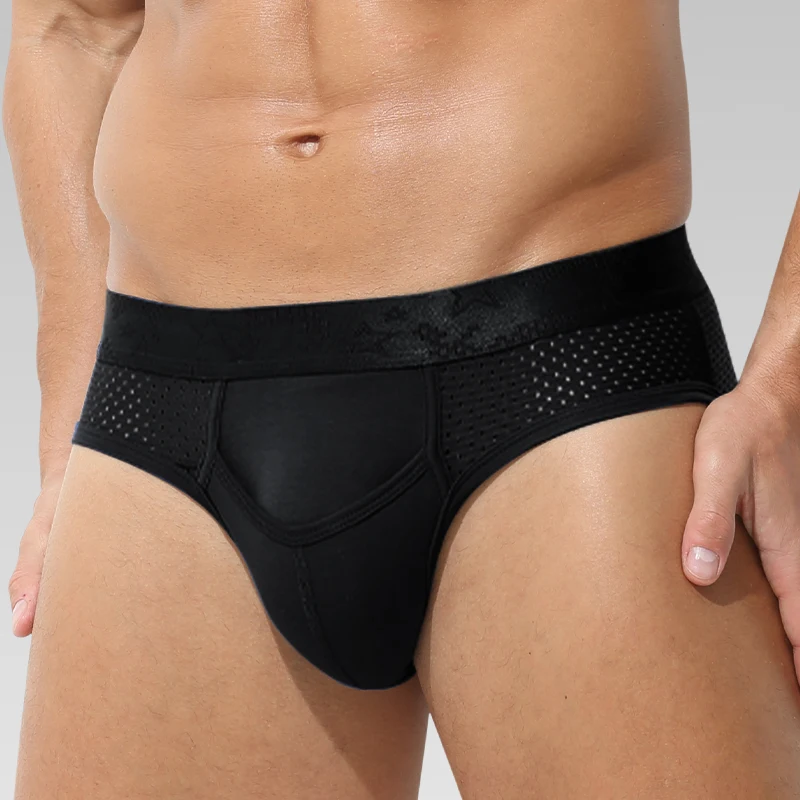 3pcs   Men's shotgun split briefs sexy U convex briefs vein ice silk scrotum support spermatic cord shorts varicose