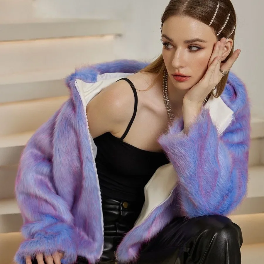 Women Warm Faux Fur Coat Hooded Autumn Winter Fashion Colorful Jacket New Female Casual Zipper Outwear 2023 Cloth