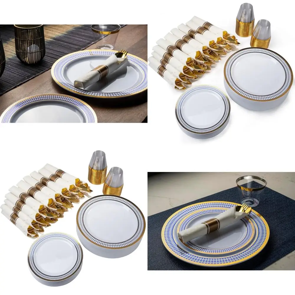 

50-Person Blue & Gold Plastic Cutlery Set with 50 Plates, Cups, & Napkins