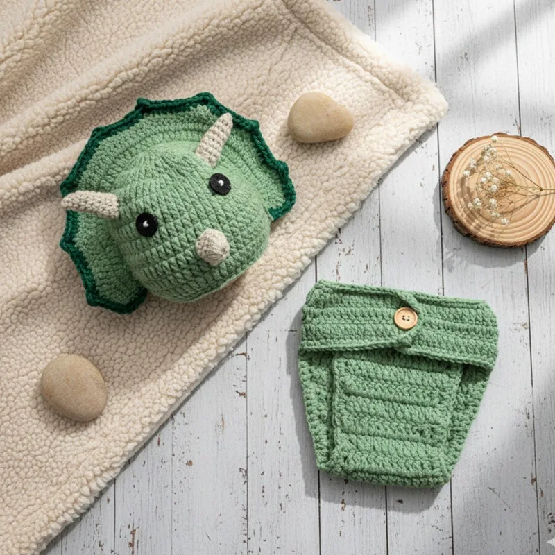 Accesorios de fotografía recién nacido de dinosaurio de ganchillo, conjunto de pantalones cortos y gorro tejido para bebé, disfraz de Animal infantil, trajes de estudio para sesión de fotos, 2 uds.