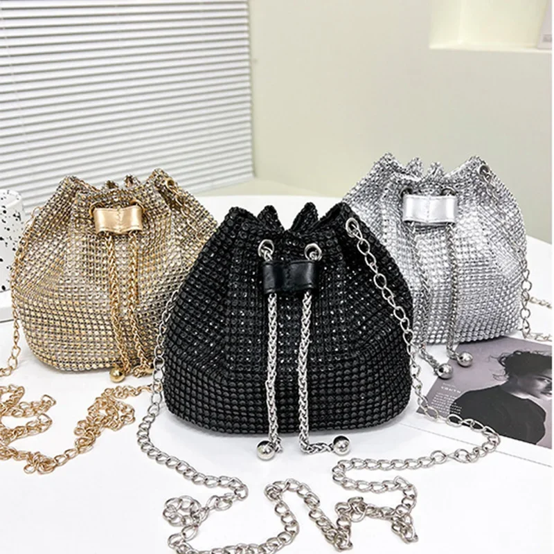 Nieuwe Stijl Tassen Voor Vrouwen 2023 Mode Diamanten Schoudertas Ketting Cross-Body Emmer Tas Luxe Designer Handtassen Zwart Bolso \'S