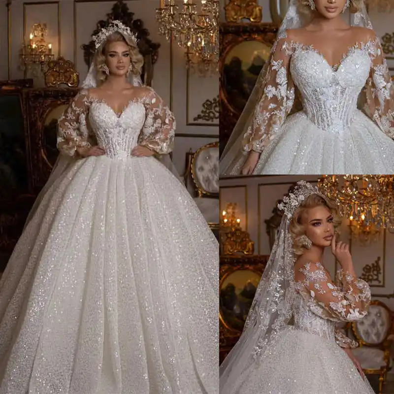 

Бальное платье принцессы, свадебные платья, аппликации с блестками и жемчугом, свадебные платья по индивидуальному заказу, халат De Mariee с длинными рукавами и скользящим шлейфом