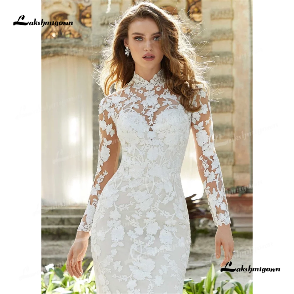 Lakshmigown High Neck Mermaid Wedding Dress 2025 Long Sleeve Court Train Lace Autumn Wedding Gownabito da sposarobes de soiréege