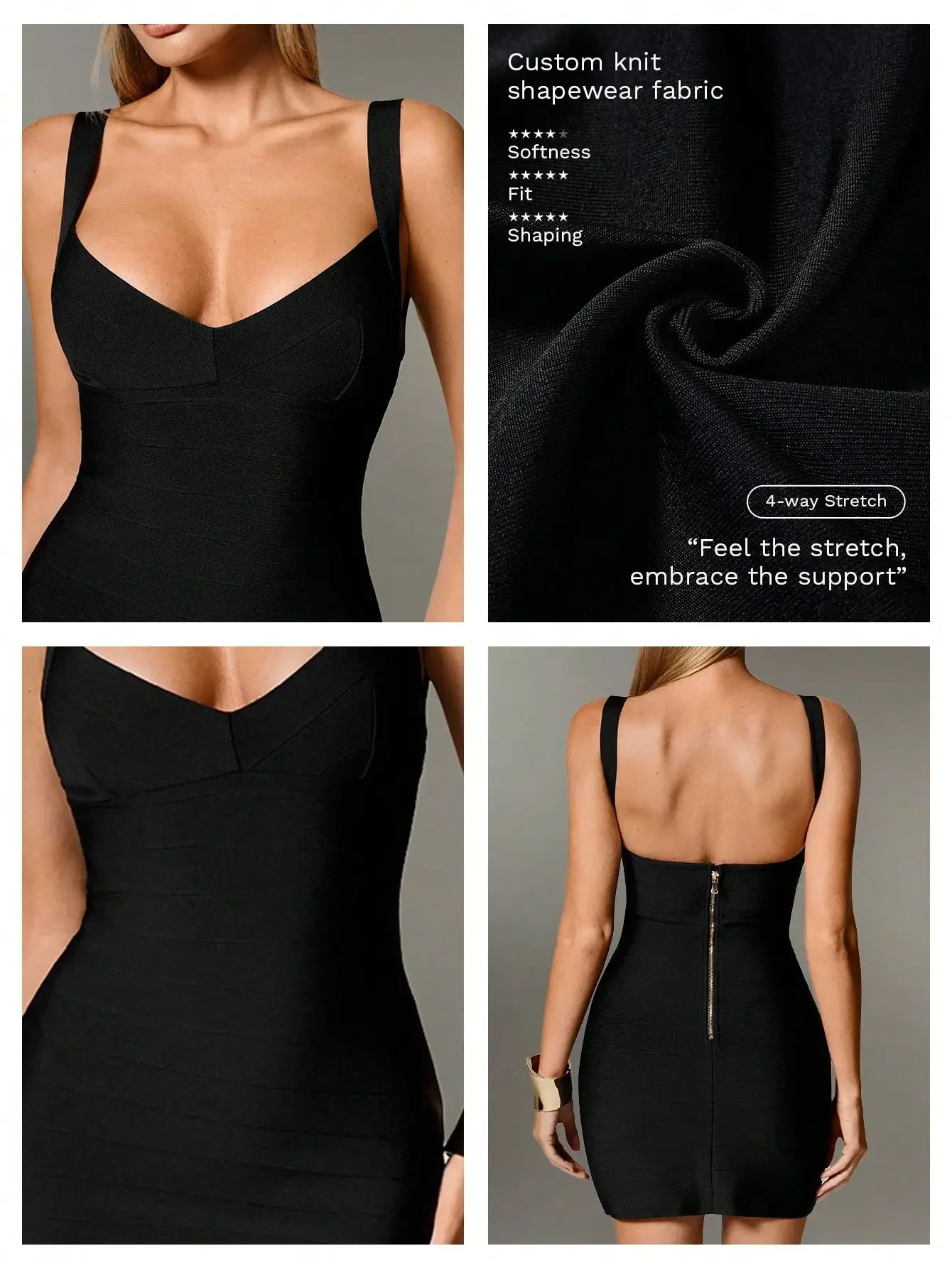 

Облегающее мини-платье без рукавов на тонких бретелях, из ткани с эффектом коррекции живота, с молнией сзади, для вечерних мероприятий.