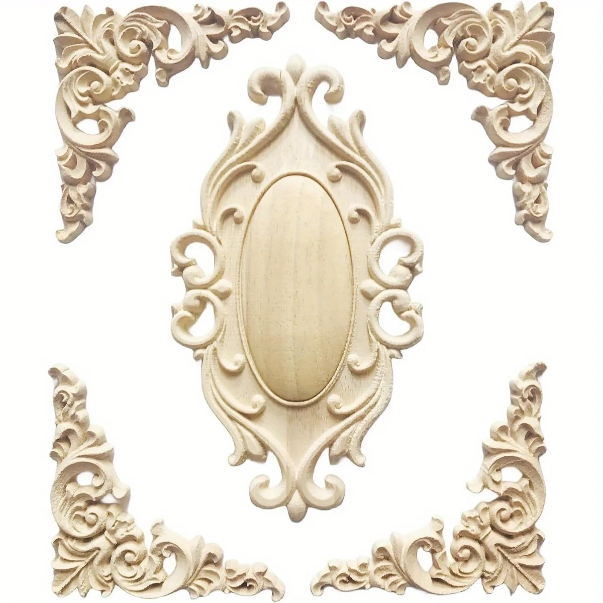 5pcs Unpainted Wood Appliques Onlays Bed Door Cabinet Wardrobe Furniture Wood Carved Decoration Color Wood Appliques Onlays Deco