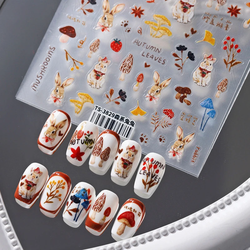 Lovely Rabbit Mushroom Ginkgo Biloba Squirrel Pumpkin Animals 3D Self Adhesive Nail Art Stickers Autumn Manicure Decal Wholesale