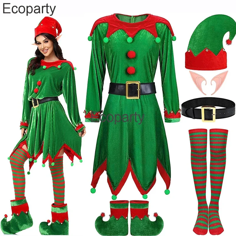 2025 New2023 Bambini adulti Natale Costume da Babbo Natale Donna Verde Vestito Cosplay Cintura Cappello Elfo Orecchio Vestito Capodanno Festa di Natale AA
