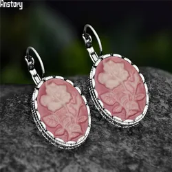 Vintage Look Oval Pink Flower Cameo Earrings For Women Antique Silver Plated Plant Bead Cuff Hook Fashion Jewelry 18x25mm