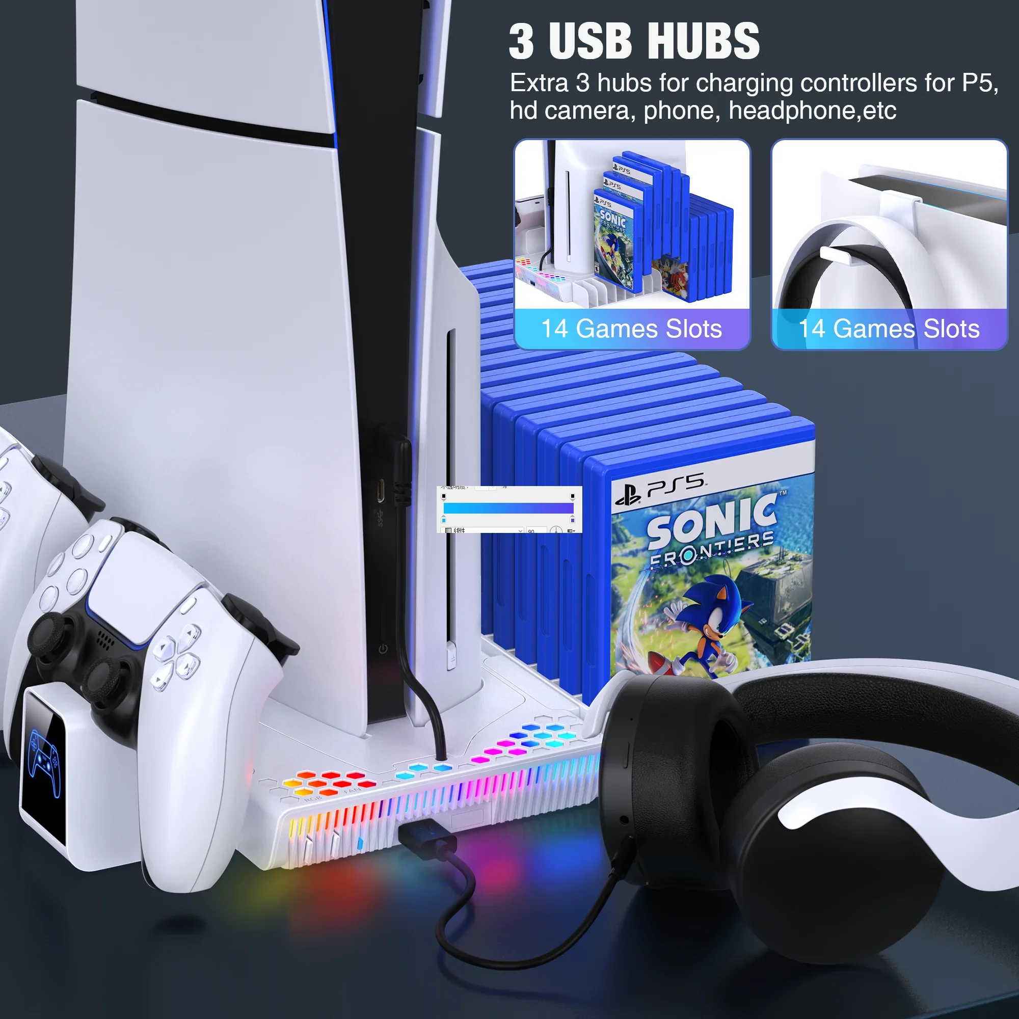 محطة تبريد عمودية RGB ، شاحن تحكم للبلاي ستيشن 5 ، نحيف ، رقمي ، قرص #6