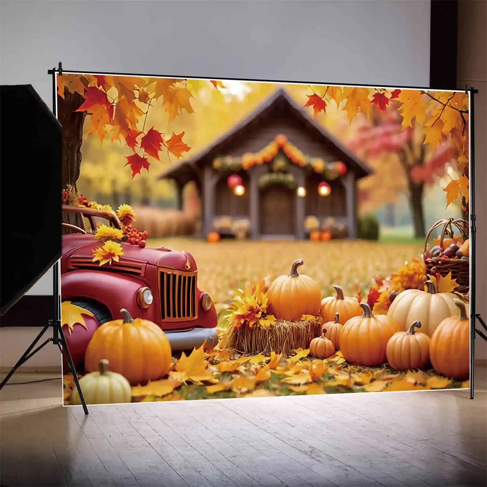 MOON.QG Autumn Harvest Photo Studio Background 2025 Thanksgiving Photography Backdrop Fallen Leaves Farm Truck Pumpkin Back Drop