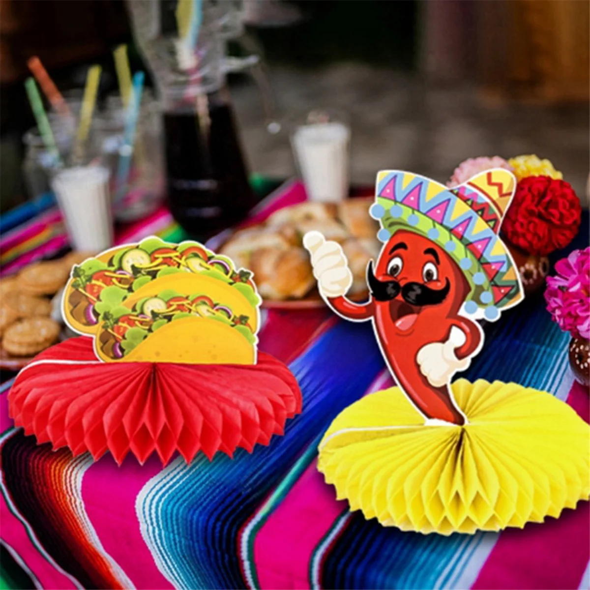 12pcs Mexican Fiesta Honeycomb Table Centerpiece Cactus Donkey Maraca Sombrero Guitar Table Toppers Centerpieces Decor