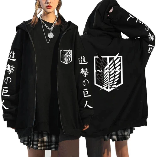 Sudadera con capucha con cremallera y estampado gráfico de tendencia Attack on Titan, ropa informal de moda para hombres y mujeres, sudaderas versátiles de lana