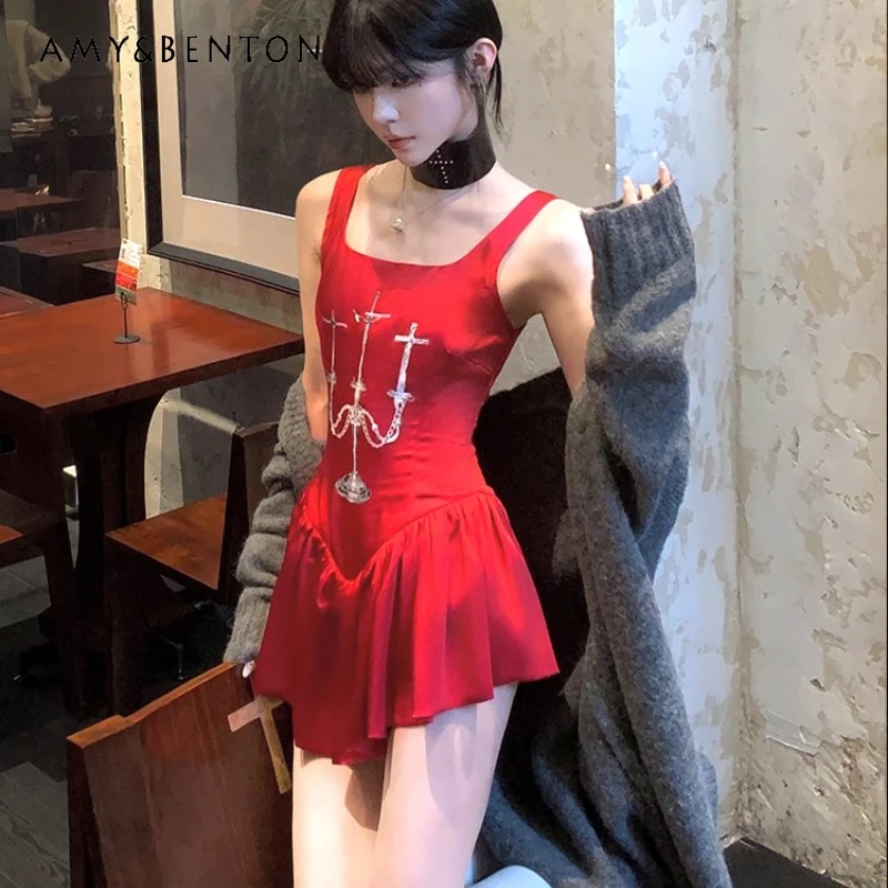 

Original Design Red Sexy Hot Girl Women's Sling Dress 2025 Summer New Sweet Cool Sleeveless Square Neckline Puff Dresses Ladies