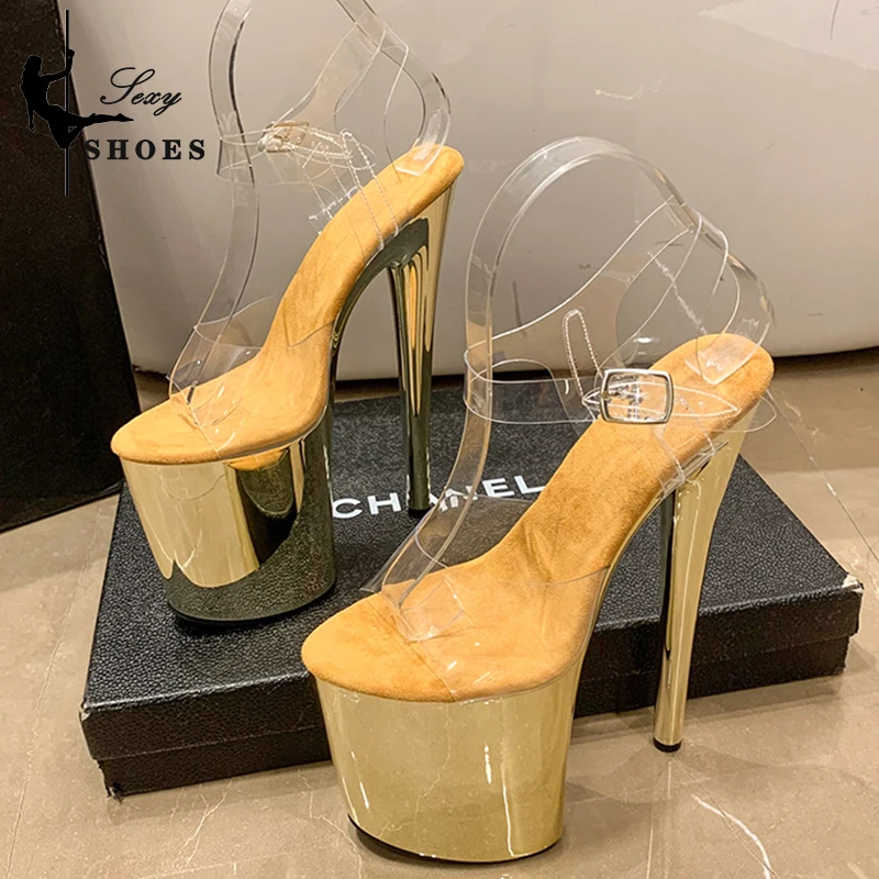 8 inch/20cm High Heel Sandals Women Transparent upper 20cm Electroplated Stiletto Heels Pole Dancing Sandals for Fashion Models