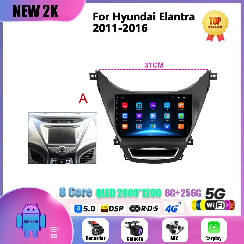 For Hyundai Elantra Avante I35 2011-2016 Android 13 Car Radio Multimedia Player Navigation GPS Carplay Stereo Dvd 2 Din audio 