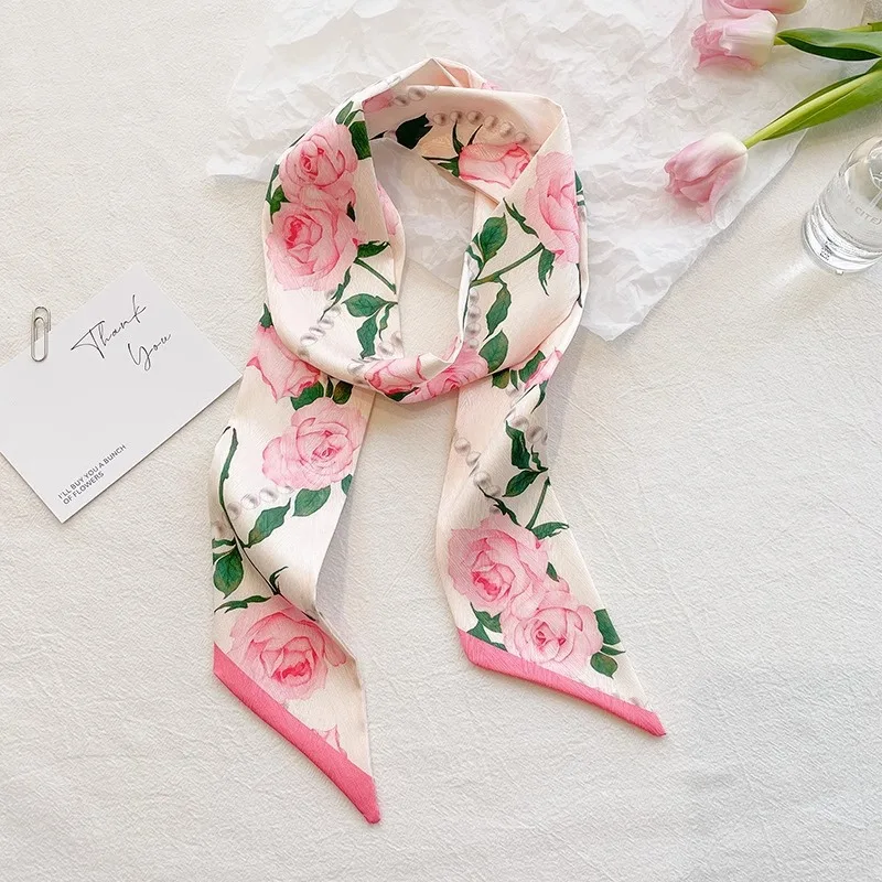 

Rose Pink Long Strip Double-sided Small Silk Scarf Women's Headband Tied Hair Streamer Decorative Scarf