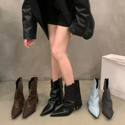 2024 New Spring Autumn Chunky Heel Pointed Toe Boots Short Boots Women's Shoes Brown Cowboy Boots Goth Shoes Ladies Shoes