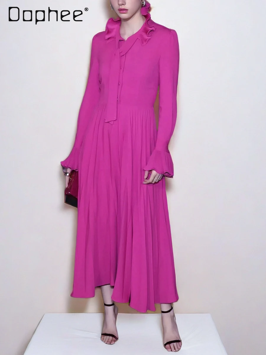 Vestido rojo rosa Vintage de gama alta para mujer, vestidos de noche elegantes con temperamento, vestido largo de manga larga con cuello redondo y volantes de lujo ligero