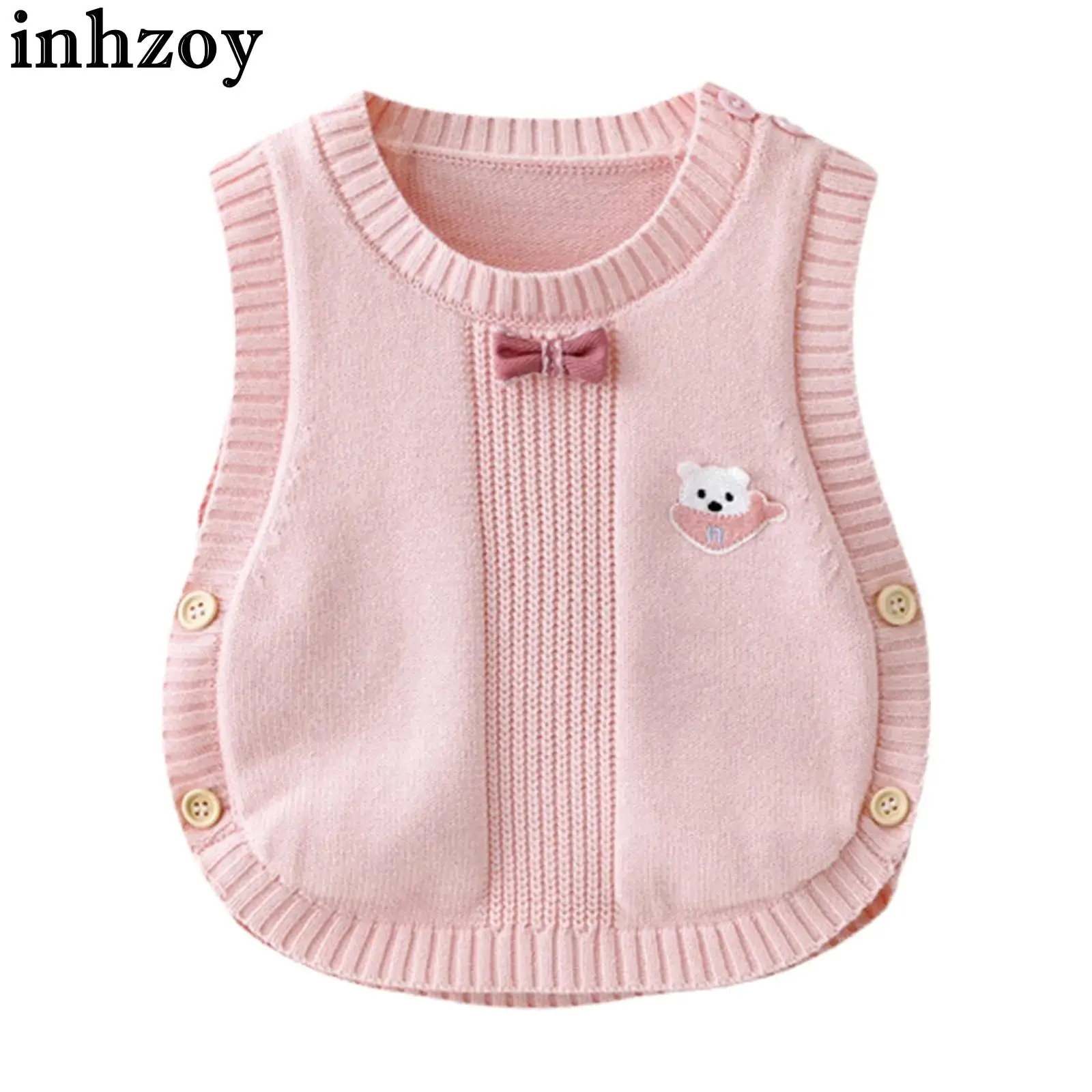 

Свитер с милым медведем и бантом для маленьких мальчиков и девочек, жилет, студенческая форма, вязаный жилет на пуговицах, топы, трикотаж, весенне-осенний повседневный костюм