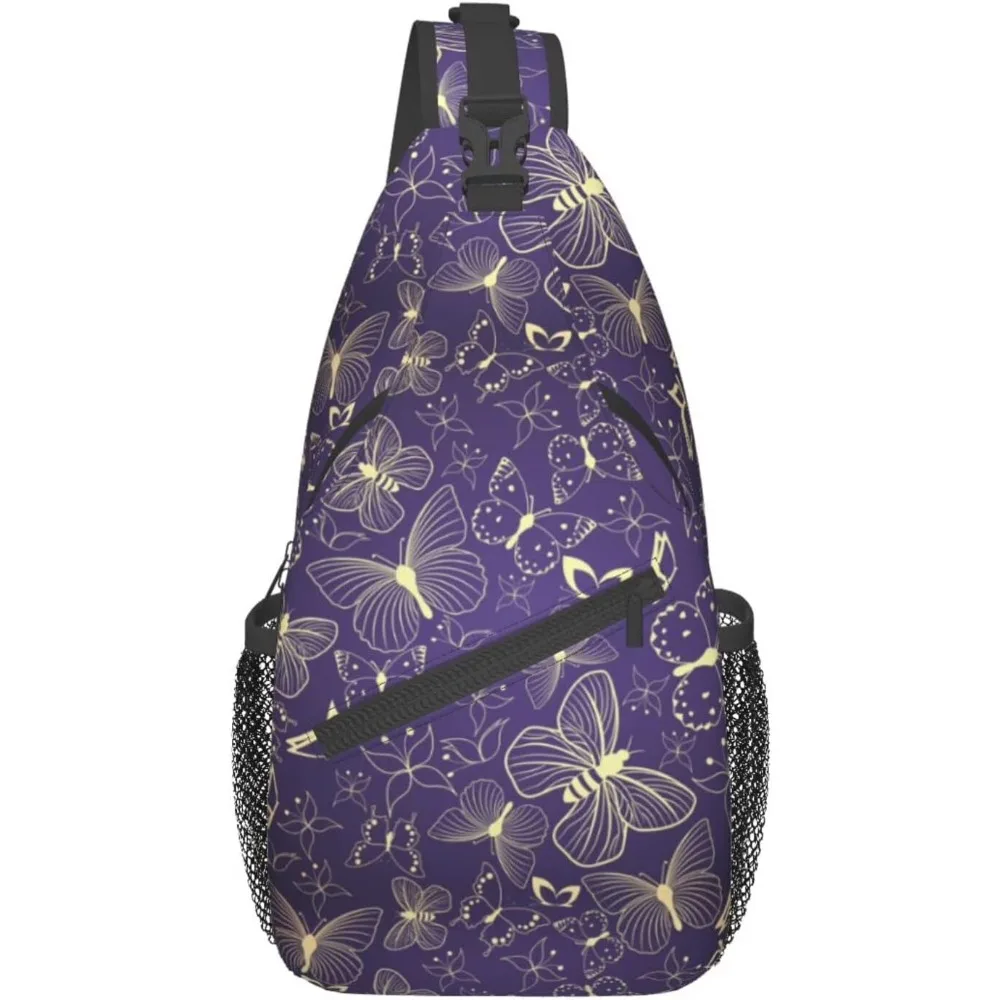 

Фиолетовый рюкзак на слинге, украшенный в всему - по всему узору из нежных, светлых бабочек, стильных и очаровательных.