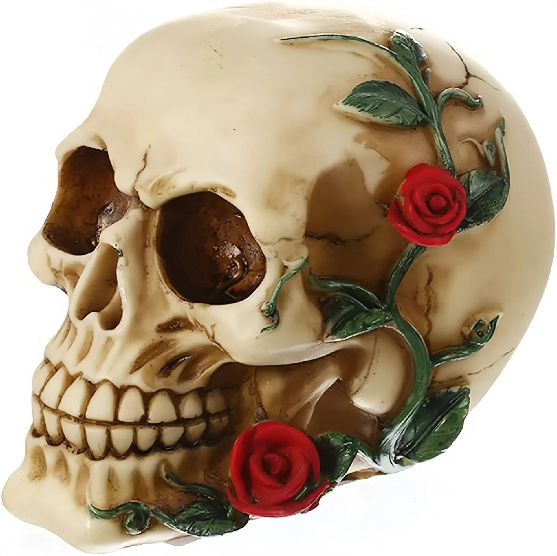 Human Skull with Rose Resin Statue Small Size Head Sculptures Skull Collectible Figurines