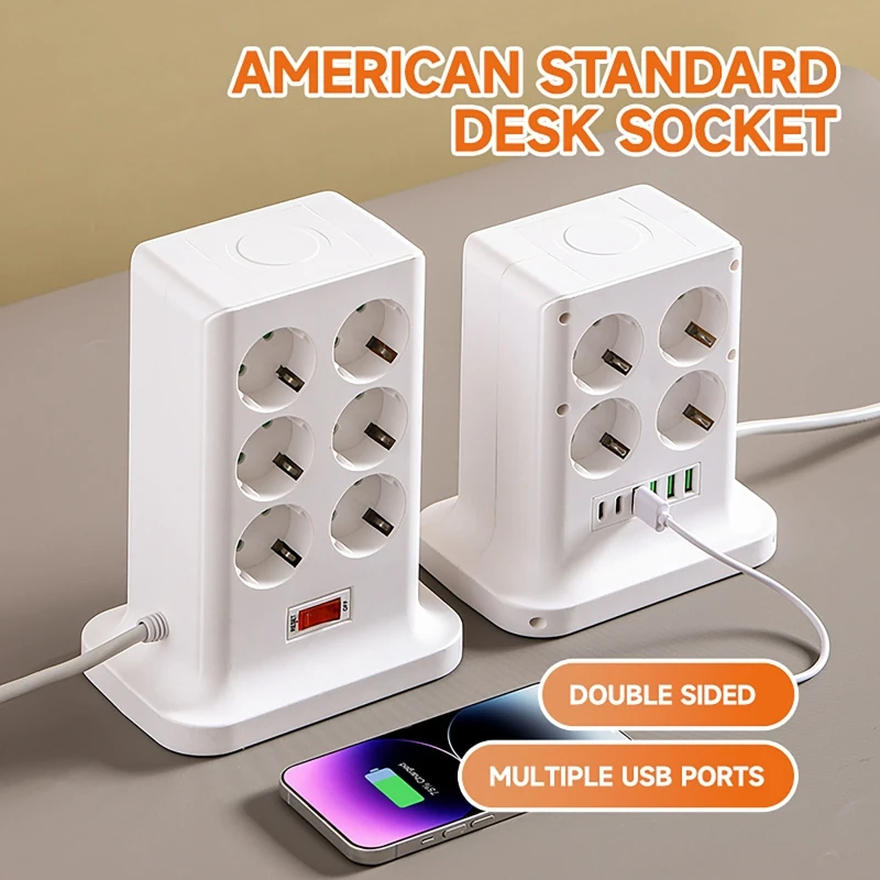 Tower Power Strip Multi Outlets 8 AC Outlets Socket With 4 USB +2 Type C 1.5M Extension Cable EU Plug Vertical Electric Socket