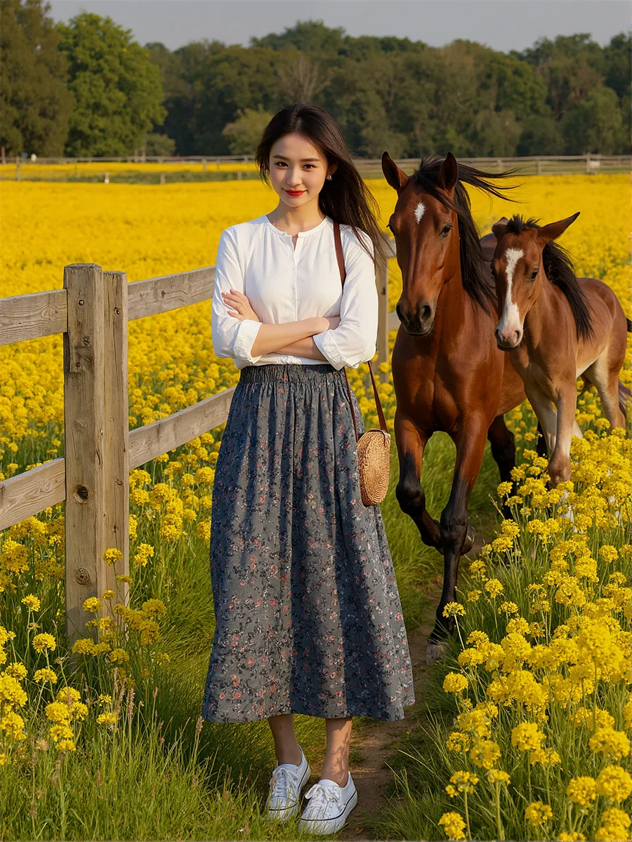 

Floral Printed A-line Skirts Womens Shirring Pleated Patchwork Lace-up Applique Artistic Modern Chic Layered Mesh Detail Sweet