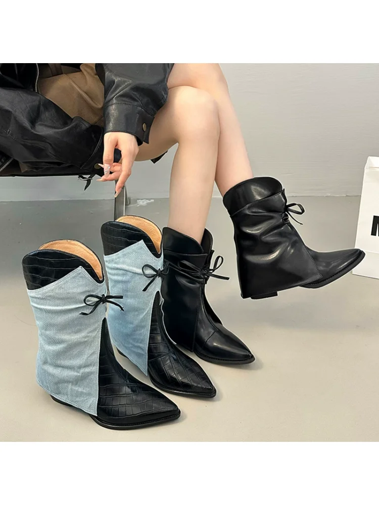 

Модные ковбойские сапоги для женщин, новинка 2023 года, весна/осень, одинарные сапоги в стиле ретро, модные короткие сапоги с бантом-бабочкой