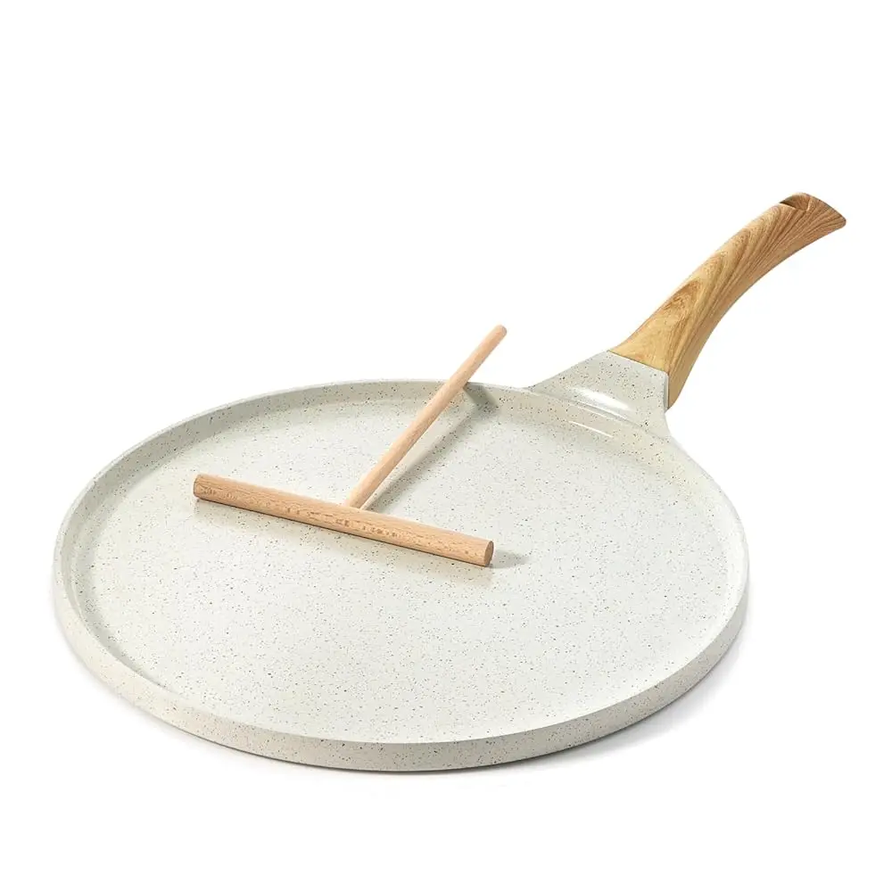 Nonstick Crepe Pan with Spreader, 10-Inch Natural Ceramic Coating Dosa Pan Pancake Flat Skillet Tawa Griddle with Stay-Cool
