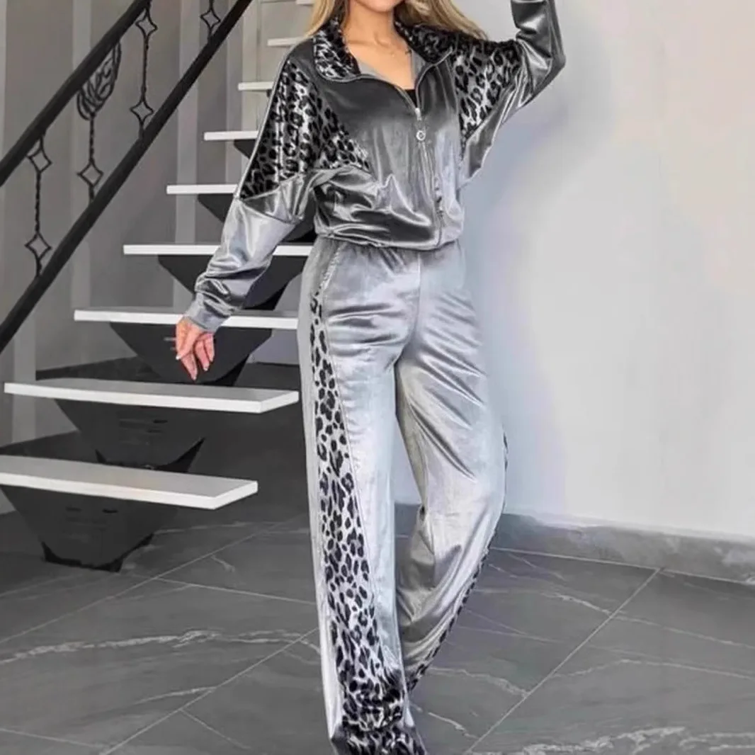 Fashion Leopard Patch Velvet Sportswear Women's Zipper Collar Long Sleeve Jacket High Waist Wide Leg Pants Casual Casual Wear