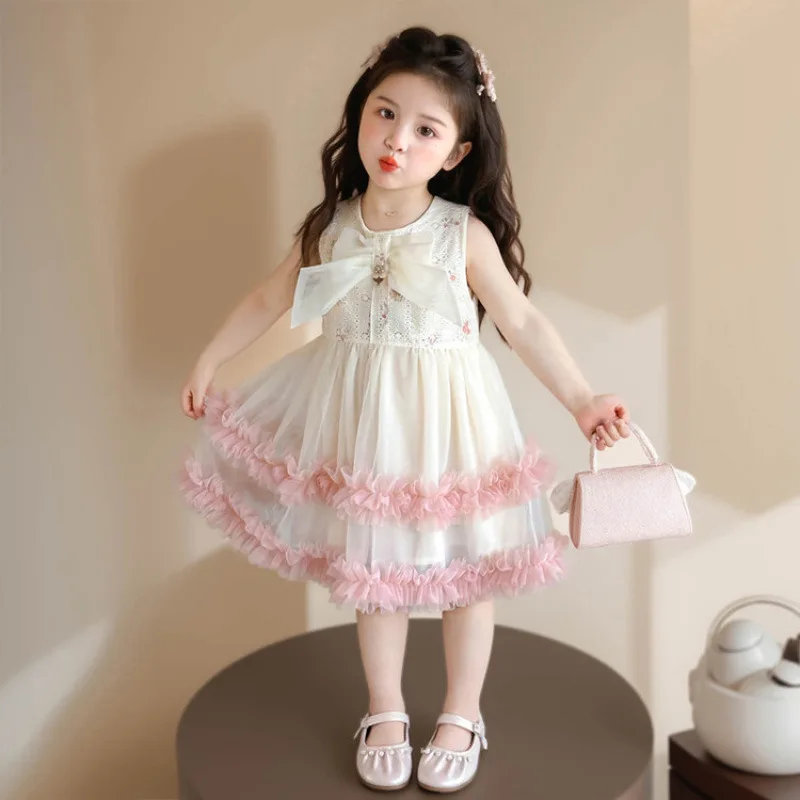 

2025 Summer New Style Girl's Dress Sweet Puff Dress Princess Dress with Bow and Tulle Design.