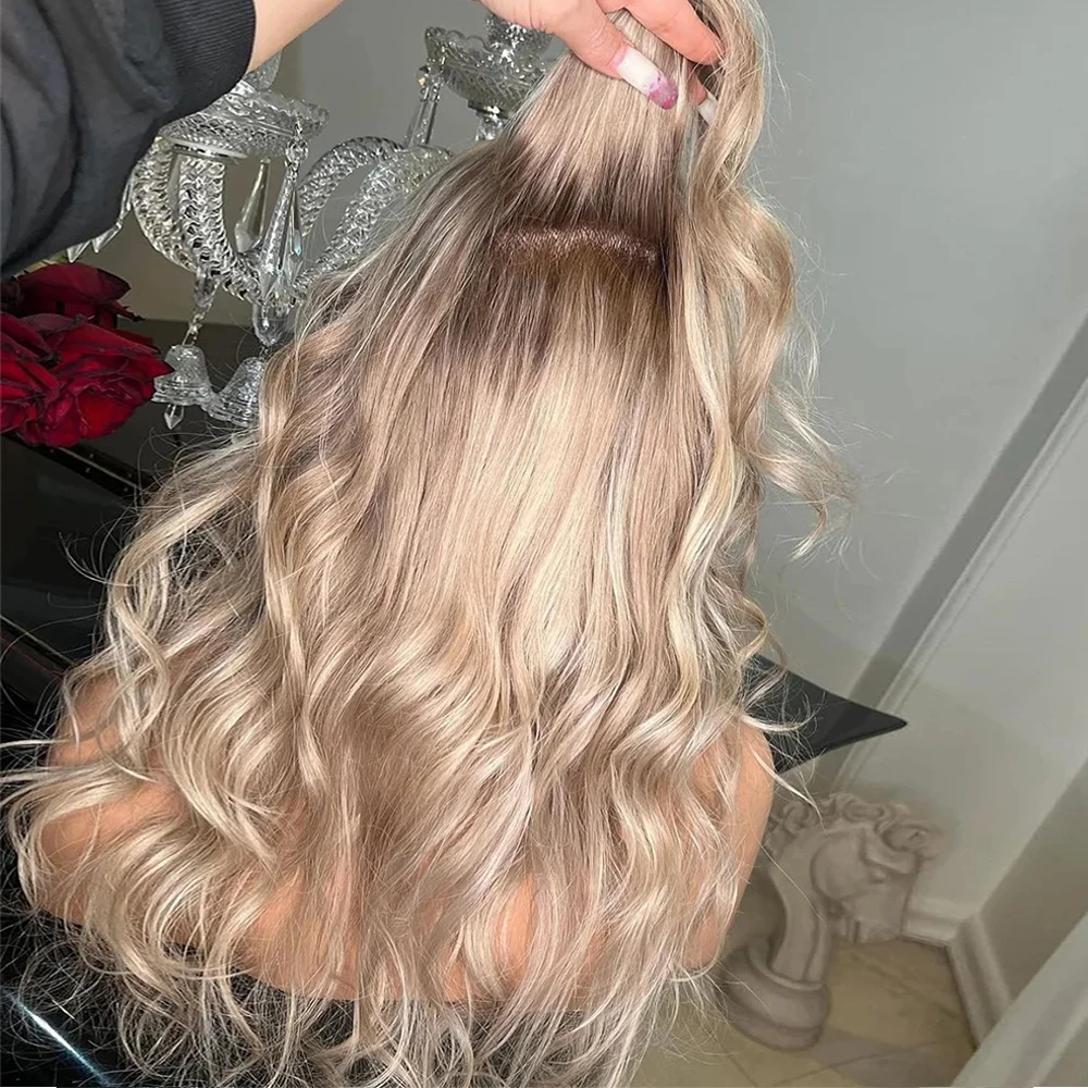 Dark Sandy Blonde Soft Shadow Root Melt Curly Synthetic Wig 20” Human Hair Mixed Medium Layered Wig 13x4 HD Lace Front Wig