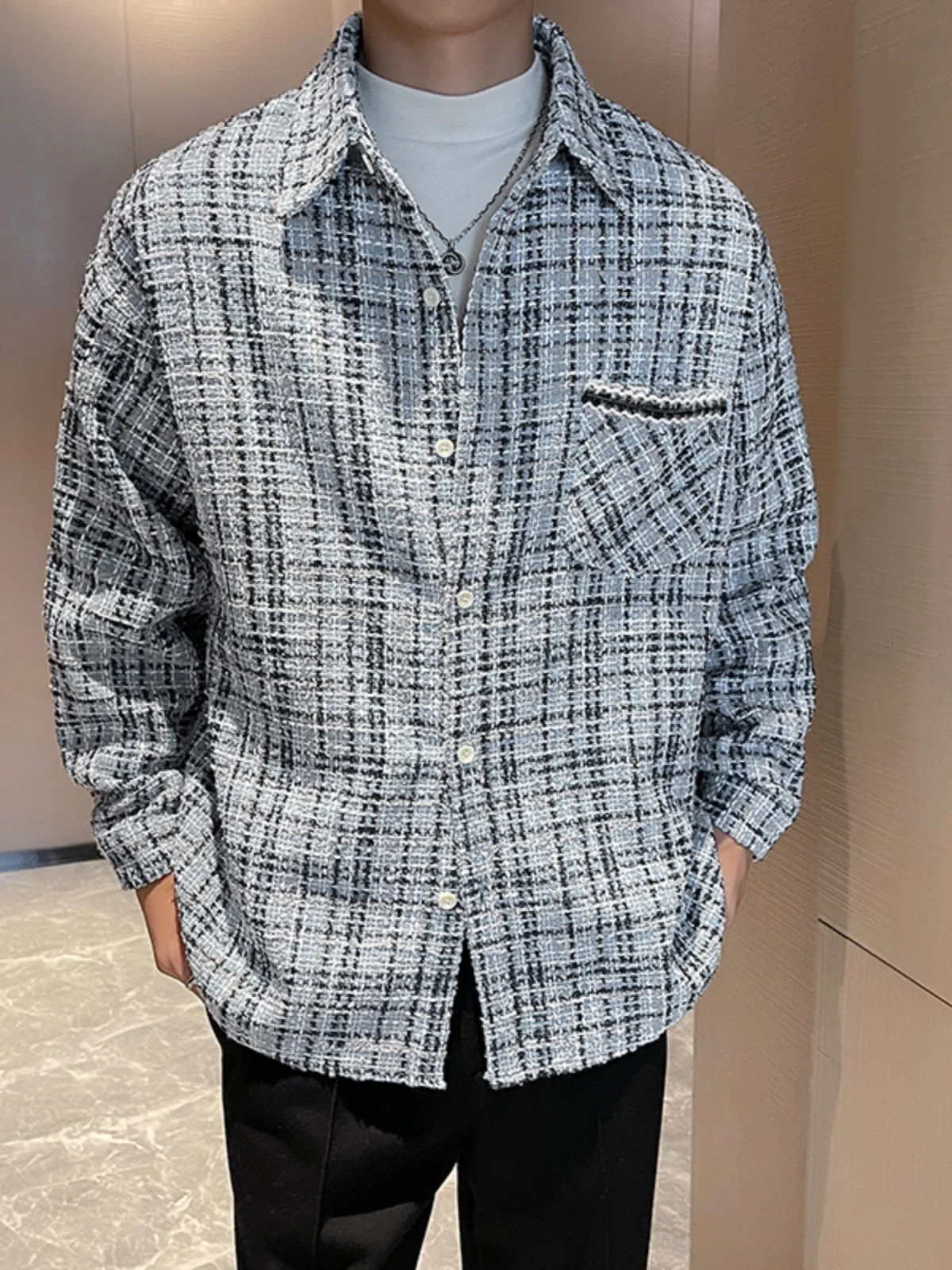 

Autumn Winter Thiened Long Sve irt Men's Loose Fit Woolen Fabric irt with Big ket High End Feeling Outerwear