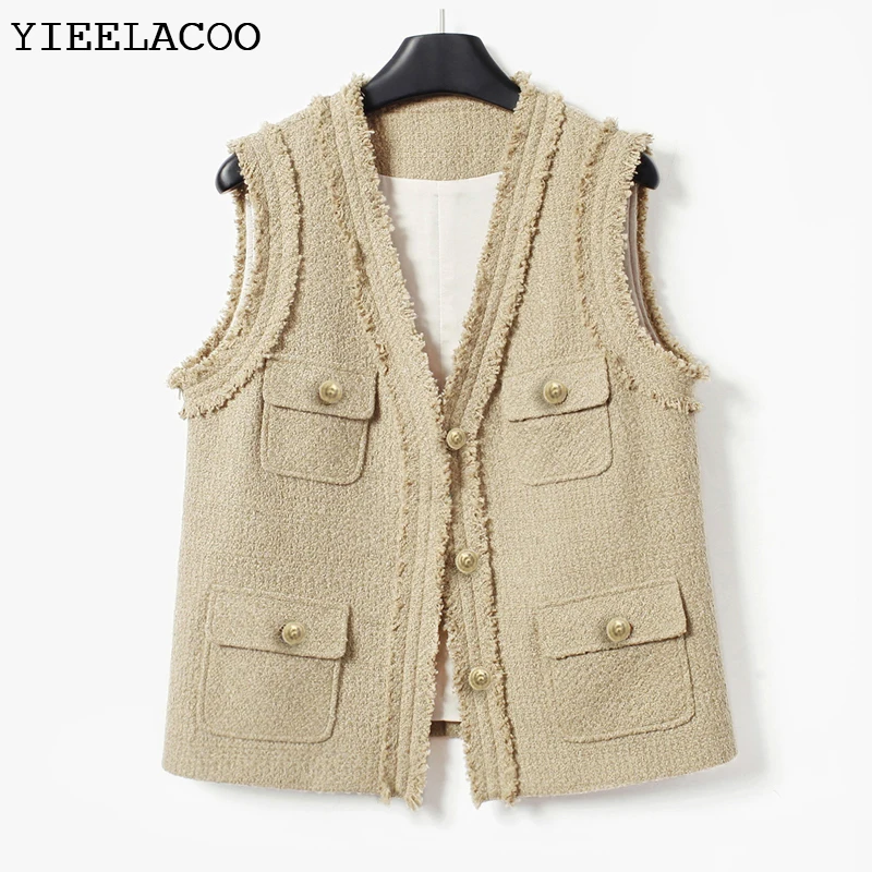 

Khaki Tweed Jacket Casual Small Fragrant One-Piece Spring / Autumn Women's Coat Sleeveless spring / autumn classic ladies top