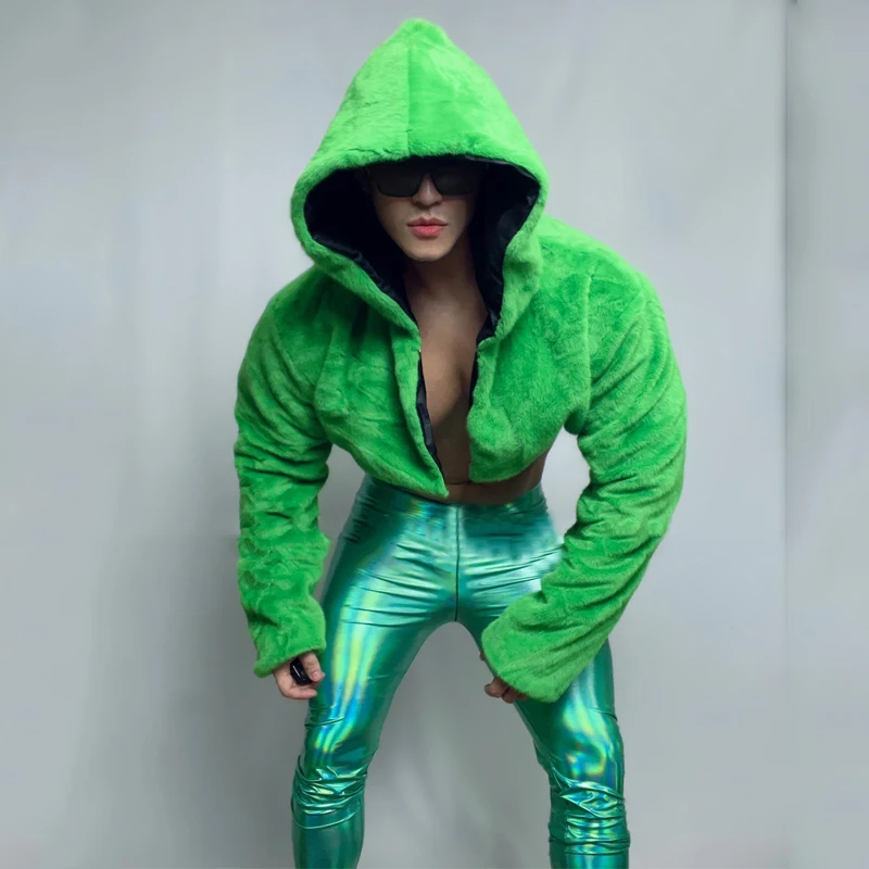 Men Green Fur Hoodie Coat Laser Pants Sexy Pole Dance Clothing Bar Nightclub Dj Ds Gogo Dancer Outfit Rave Costume XS5441