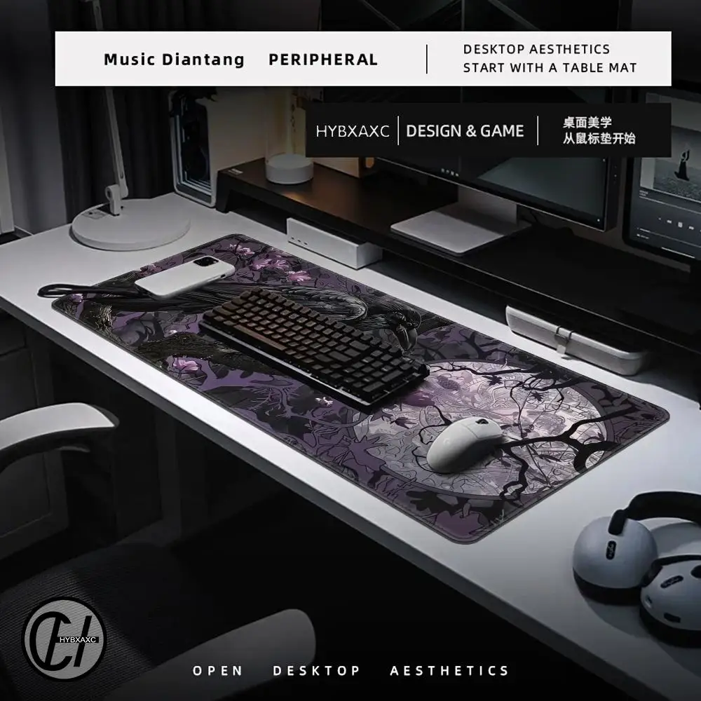 Gothic Raven Moonlit Night Mauspad, Faser, Blumenmuster, schwarzer Zweig, Büro, mystisches Schreibtischzubehör, erweitertes Pad, großes 100 x 50 Mousepad