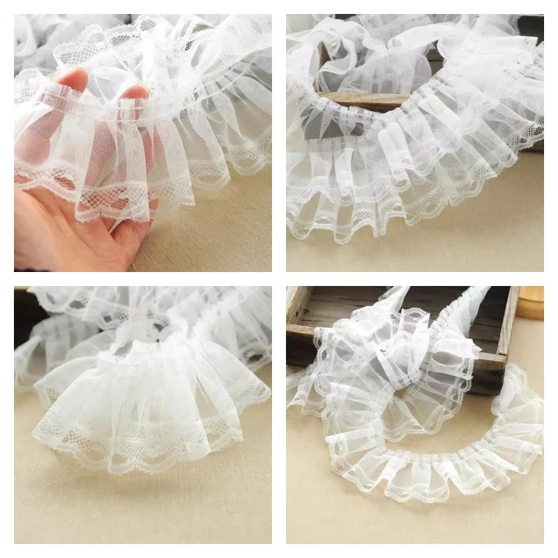 7cm wide white mesh embroidery trim pleated wavy edge lace fabric DIY clothing skirt shoulder bag car seat cushion trim material