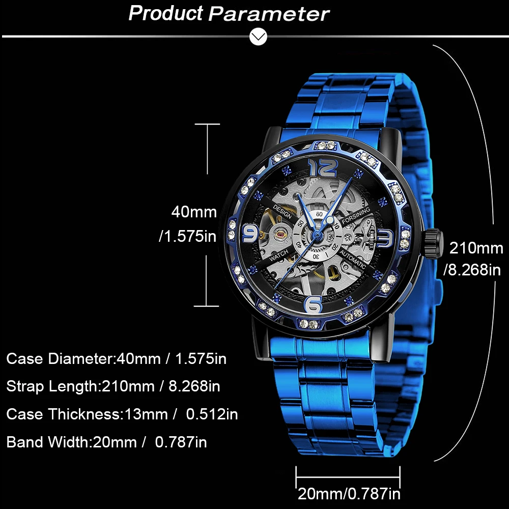 FORSINING Fashion Engraving Luxury Mens Watches Skeleton Mechanical Rhinestone Luminous Pointers Steel Business Man Wristwatches