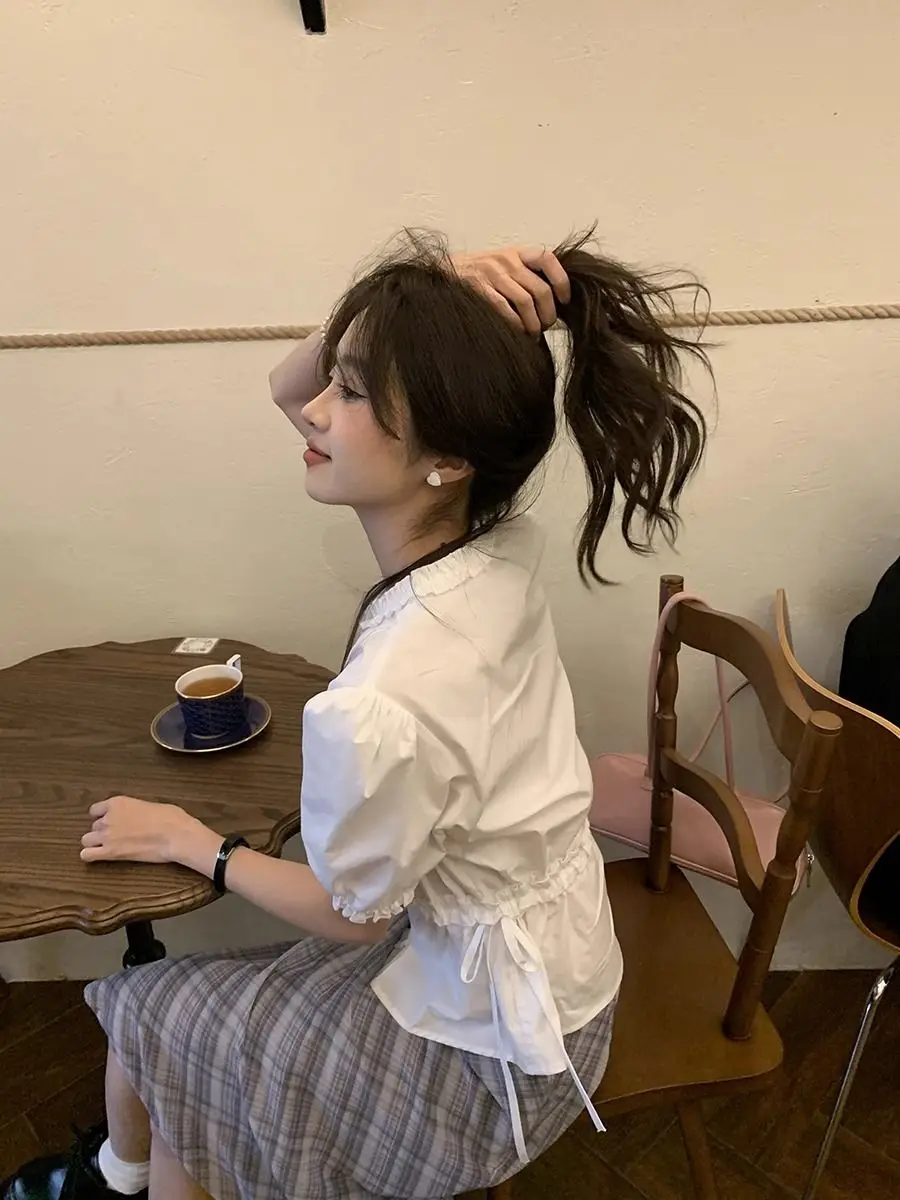 Shirt White Fungus Edge Drawstring Women Short Sleeve Slimming Waist Shirts Feminina Ladies Cropped Tops Korean Fashion Chic New