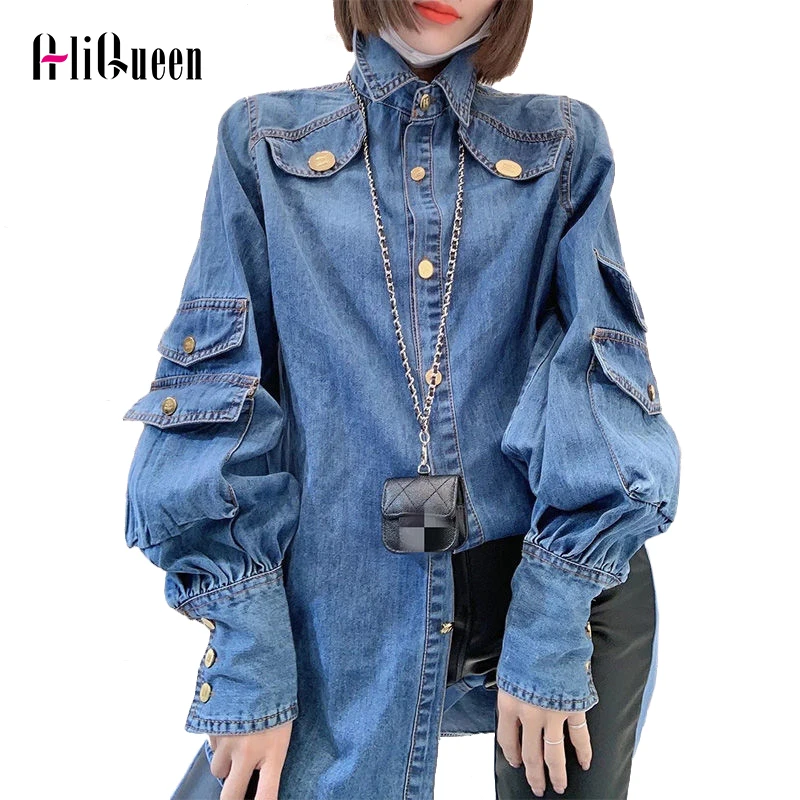

Spring Autumn Women Lantern Long Sleeve Lapel Single-breasted Pockets Denim Shirt Female Loose Shirts Tops Vintage Jeans Coat