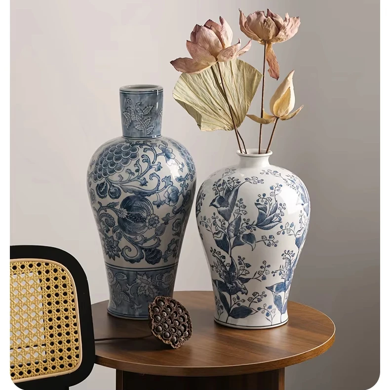 YYHC-New Chinese Retro Jingdezhen Blue and White Porcelain Vase Flower Ornaments Porch Living Room Study Flower Ornaments