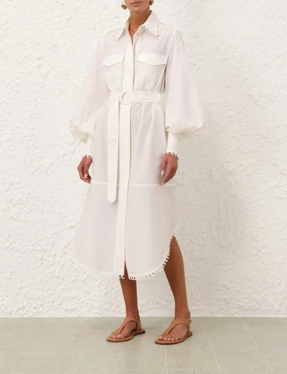 سييم-فستان متوسط الطول بياقة منفوخة للنساء ، أنيق ، كلاسيكي ، بوهيمي ، أنيق ، فاخر ، مصمم مدرج ، حلو ، أبيض