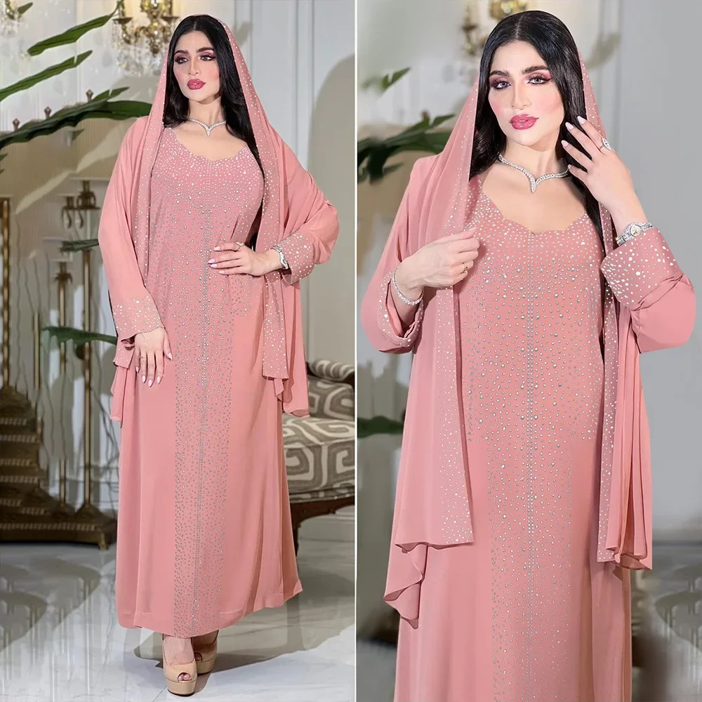 Arab Diamond Chiffon Robe Muslim Abaya Dubai Long Sleeves Muslim Dress Turkey Abayas for Women Party Glisten Dress Robe Vistidos