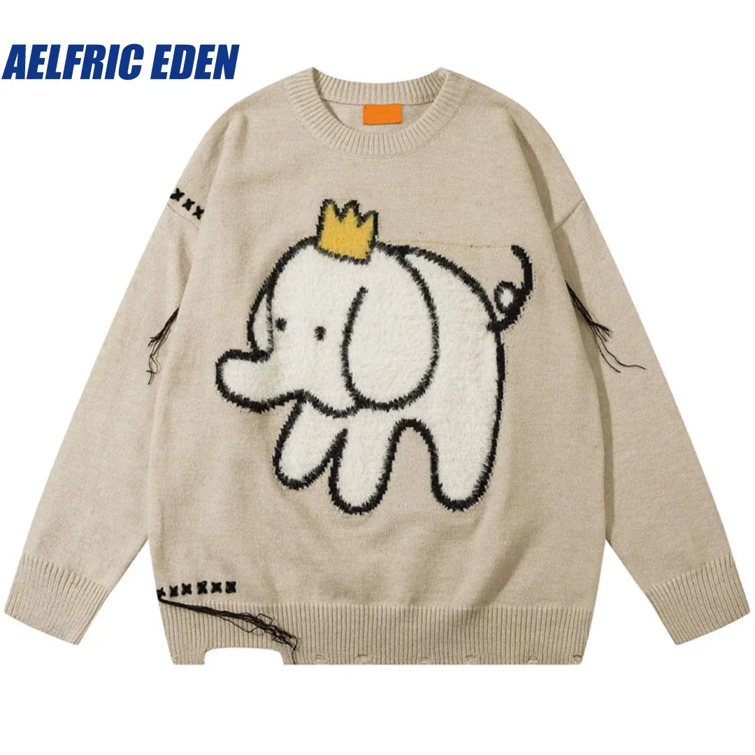 Aelfric Eden Elephant Ripped Sweater 2023 Y2K Harajuku Knitted Funny Kawaii Cartoon Fluffy Fuzzy Jumper Hip Hop Fashion Pullover