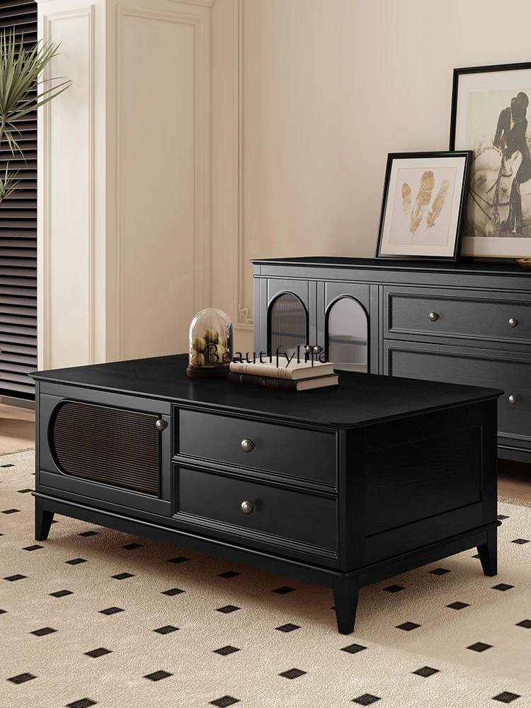 

American French retro all-solid wood coffee table living room modern simple black furniture