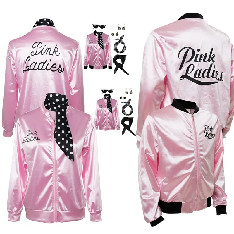 

Retro Pink Ladies Cosplay Grease Costume Adult Women Jacket Fancy Cheerleader Coat Headband Earrings Halloween Party Suit