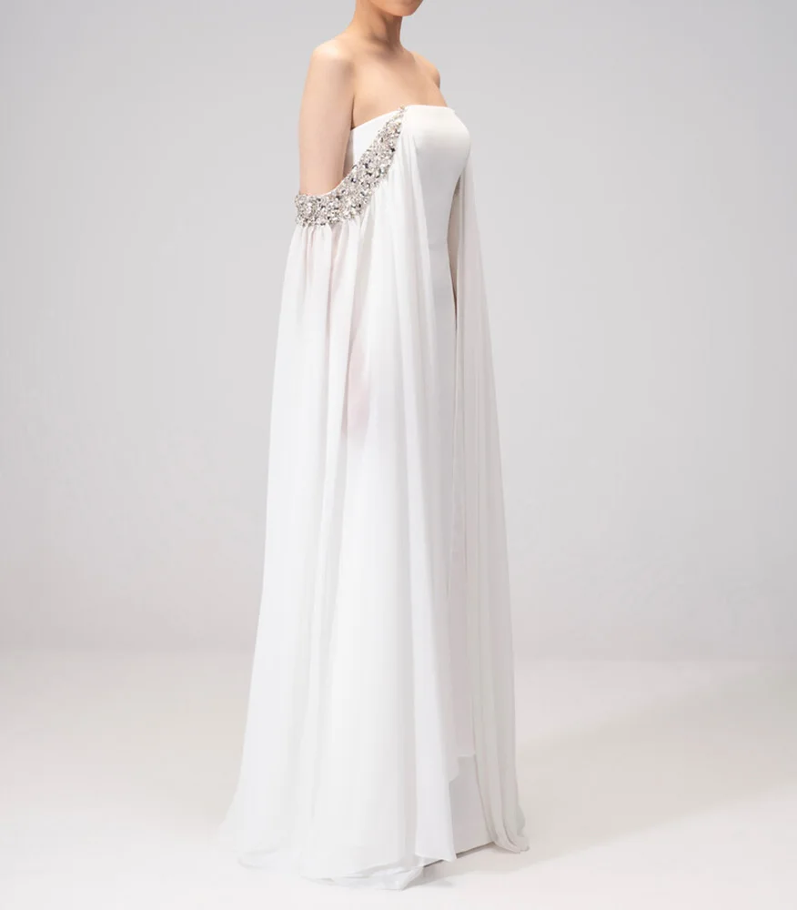

White Wedding Dress Saudi Arabia with Bolero Sleeves Beaded Bridal Gowns Wedding Evening Gowns