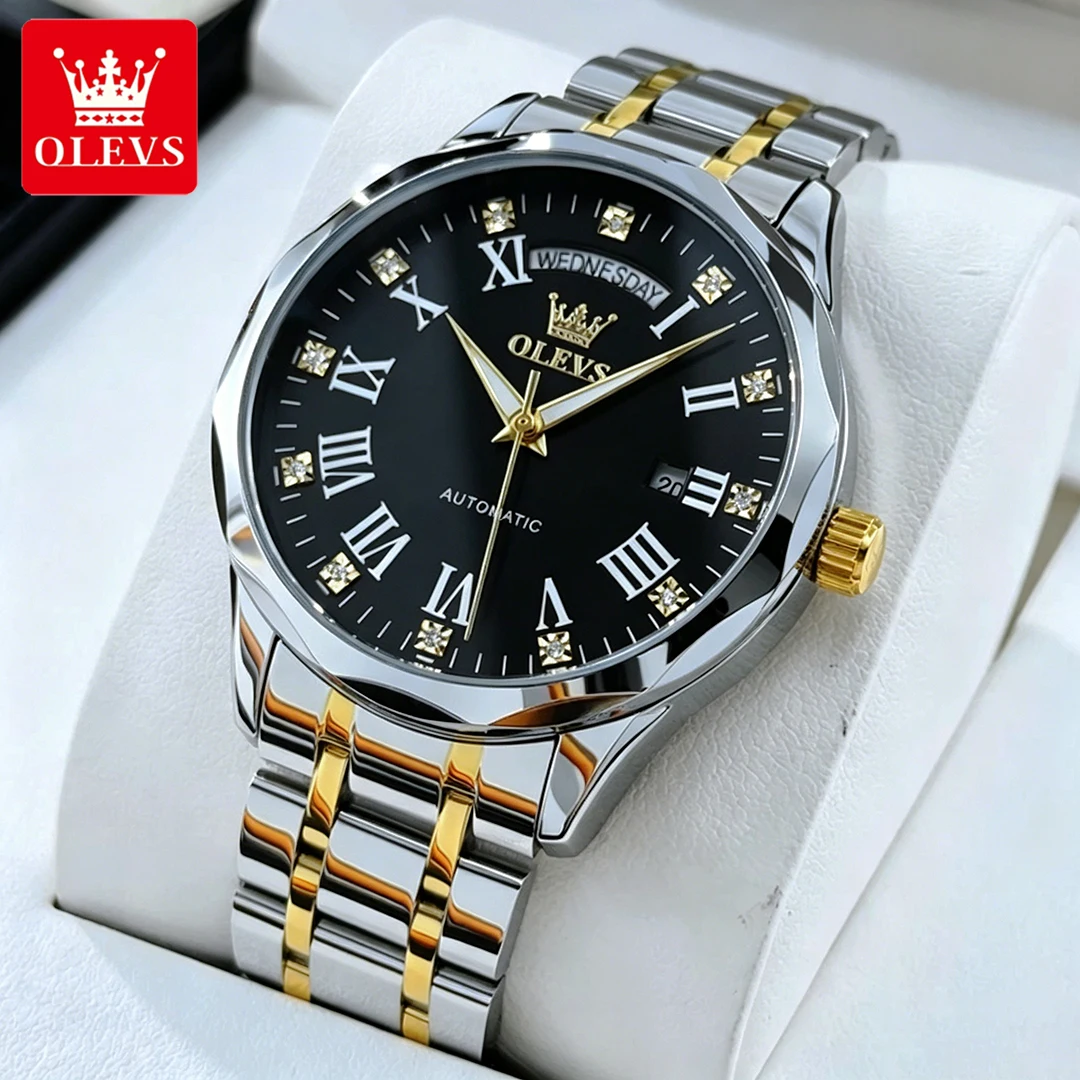 OLEVS Men Watches Business Fashion Roman Dial Fine Steel Original Automatic Mechanical Wristwatch Waterproof Luminous Date Week
